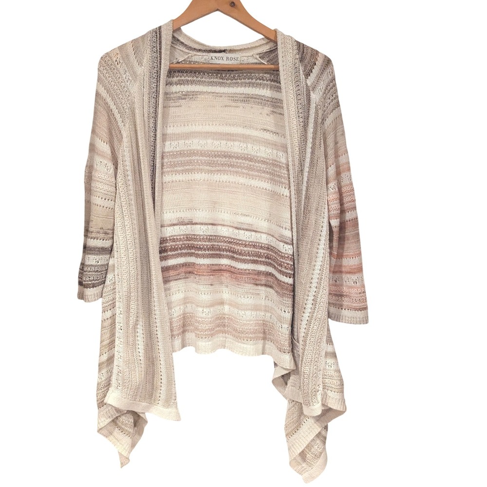 Knox Rose Striped Open Front Cardigan Lightweight Duster Beige‎ Pink L